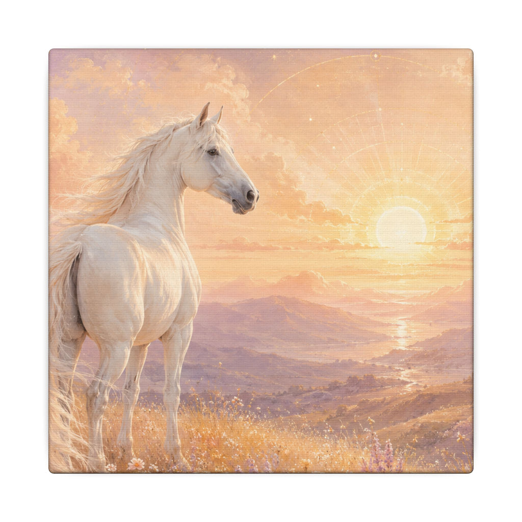 Equine Sunrise Matte Canvas Wall Art — White Horse Fantasy Landscape