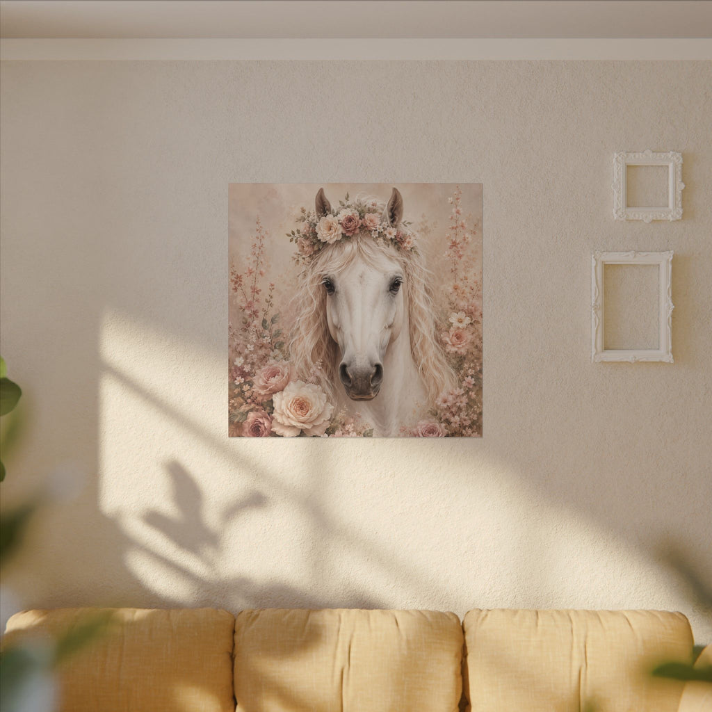 Floral White Horse Matte Canvas Wall Art