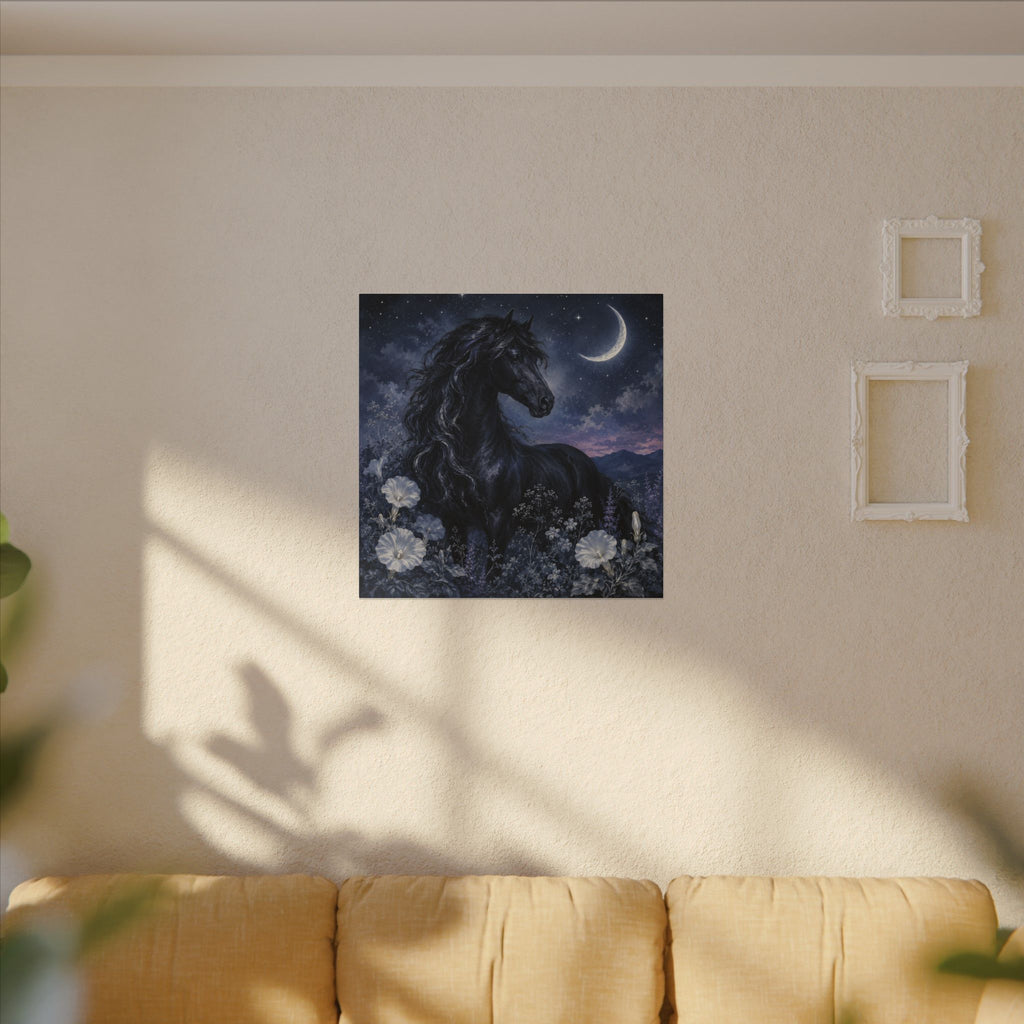 Midnight Stallion Canvas — Black Horse Moonlit Wall Art