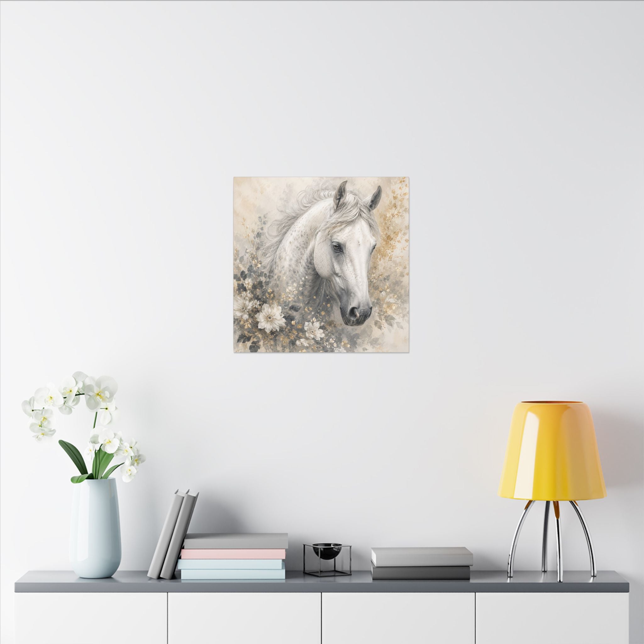 White Horse Floral Canvas Wall Art — Matte Stretched Horse Portrait