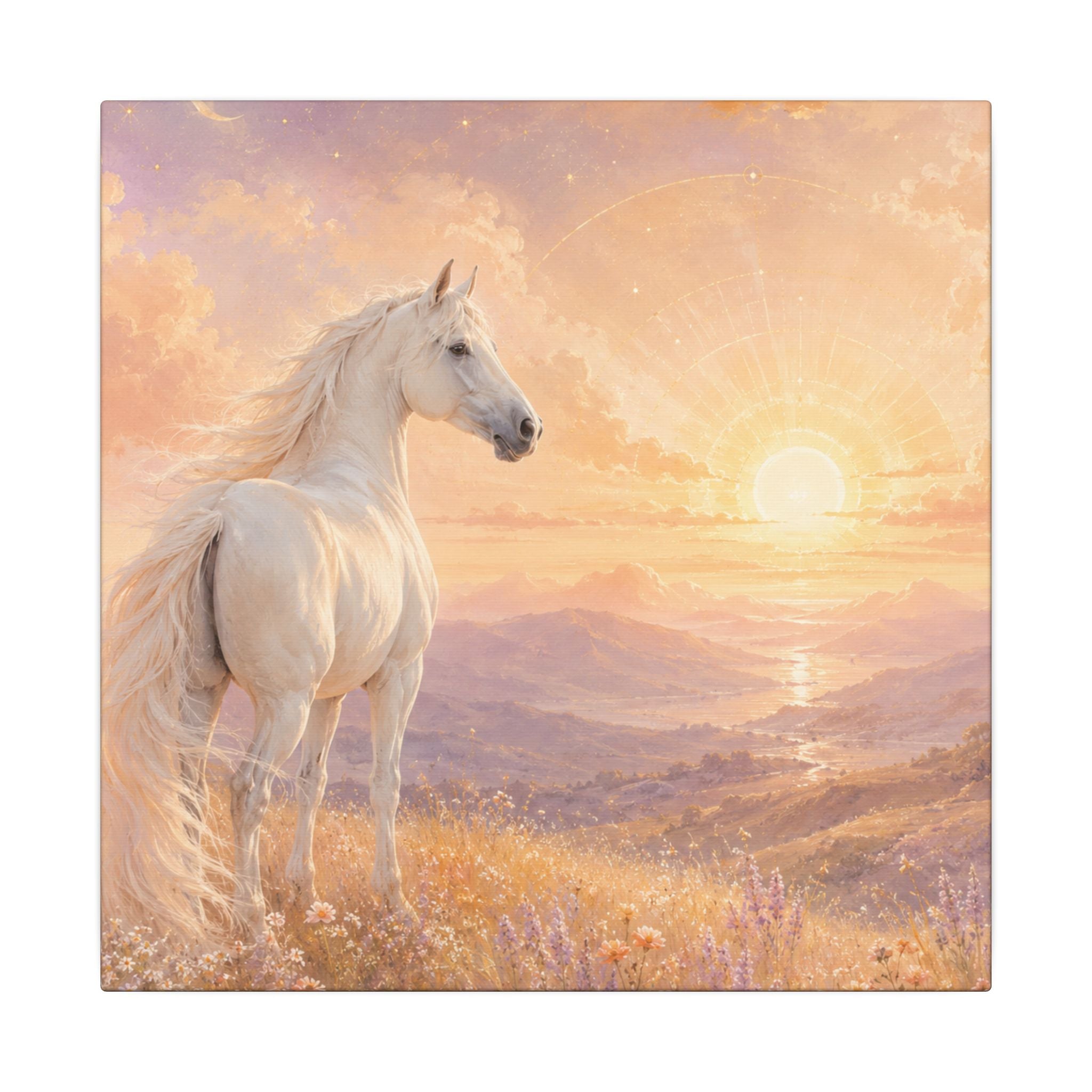 Equine Sunrise Matte Canvas Wall Art — White Horse Fantasy Landscape
