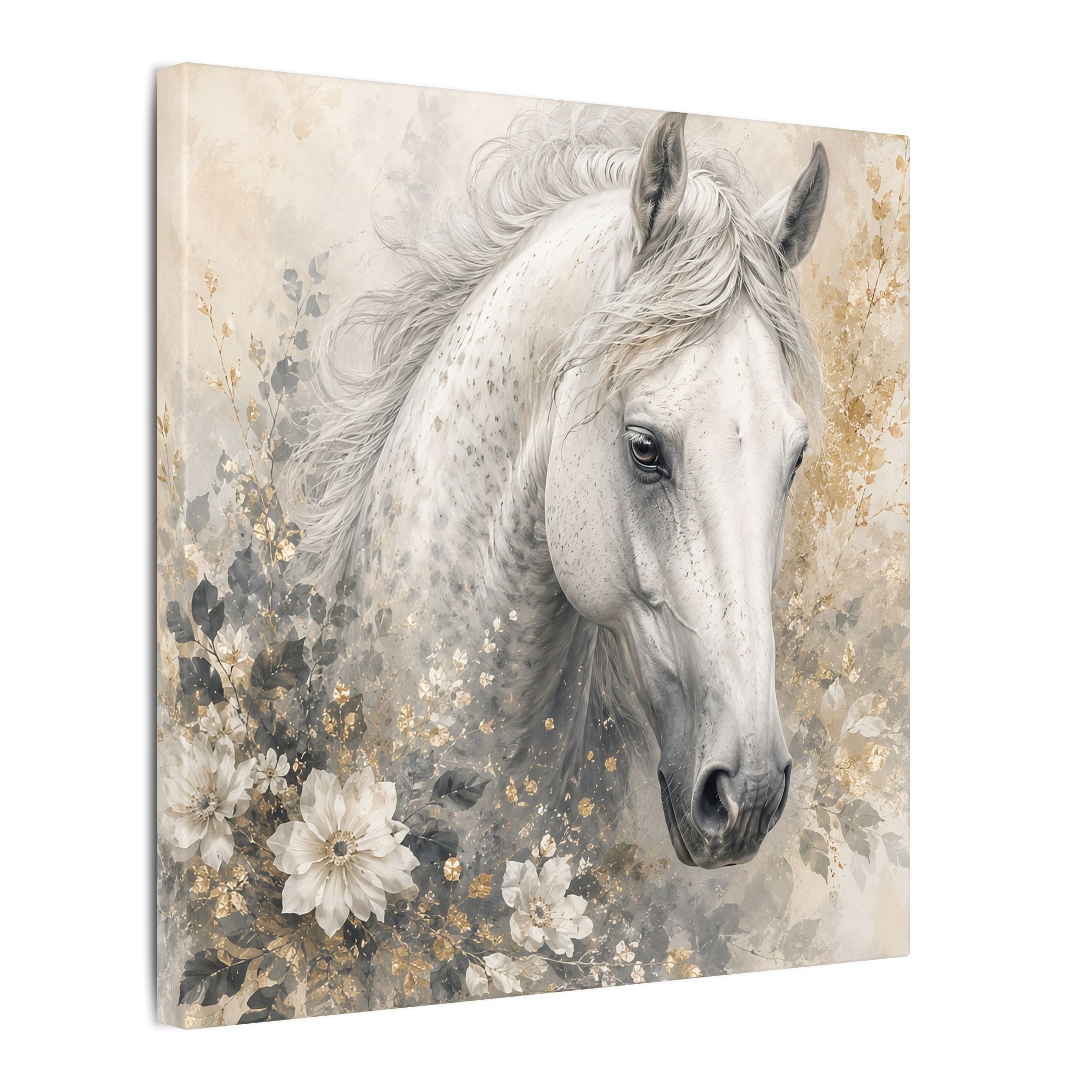 White Horse Floral Canvas Wall Art — Matte Stretched Horse Portrait