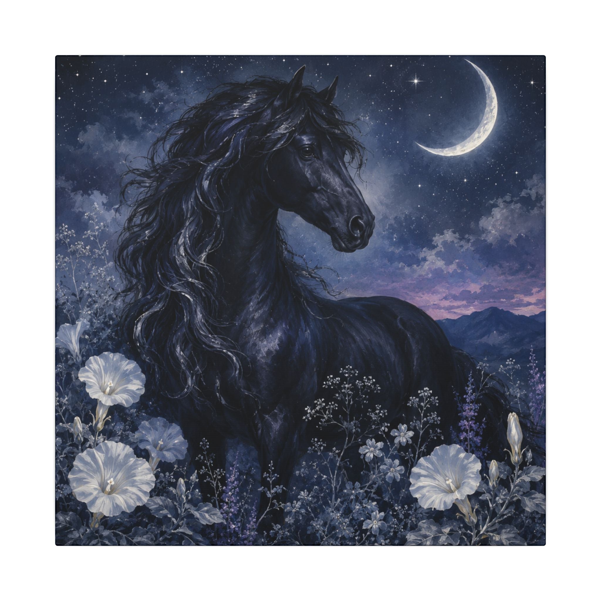 Midnight Stallion Canvas — Black Horse Moonlit Wall Art