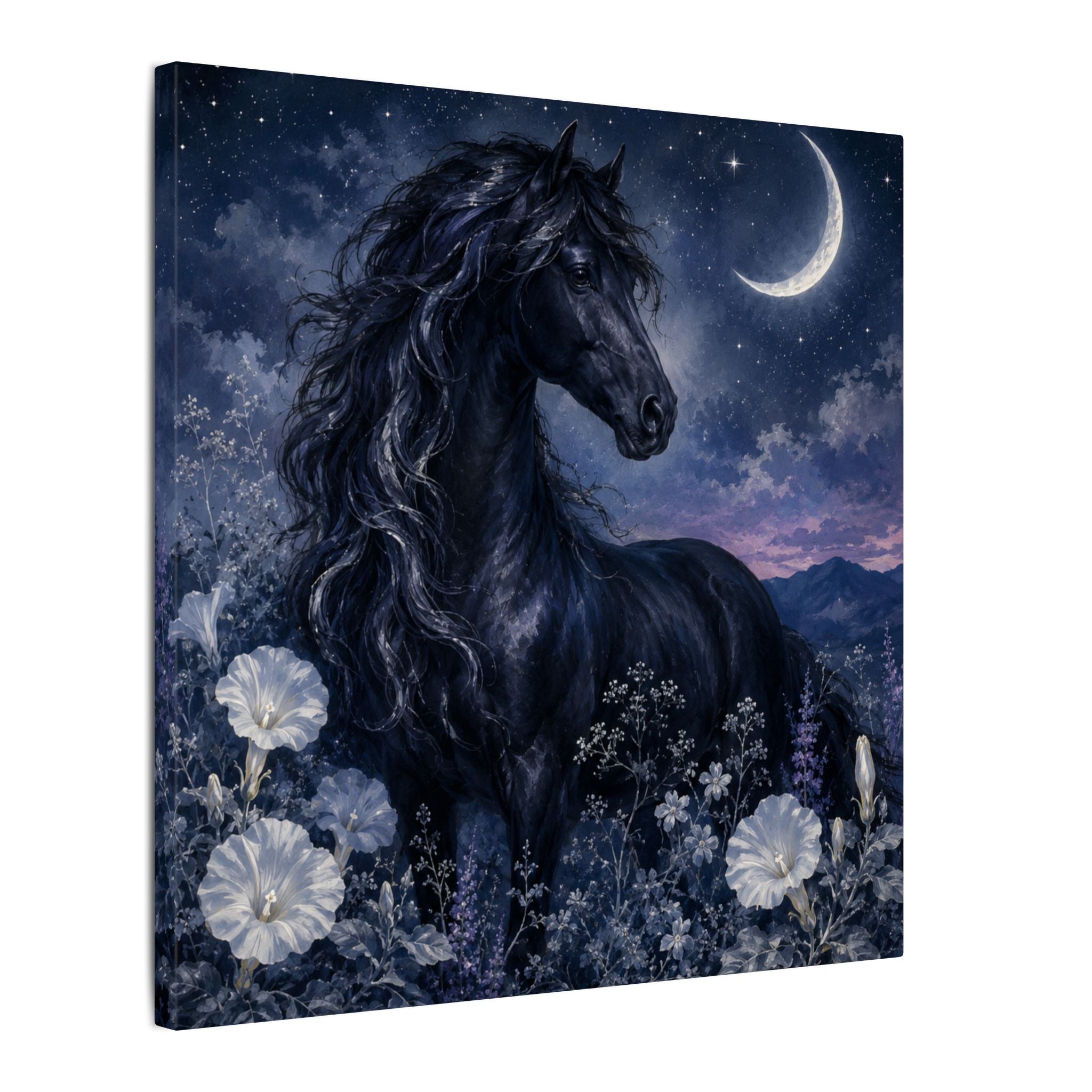 Midnight Stallion Canvas — Black Horse Moonlit Wall Art