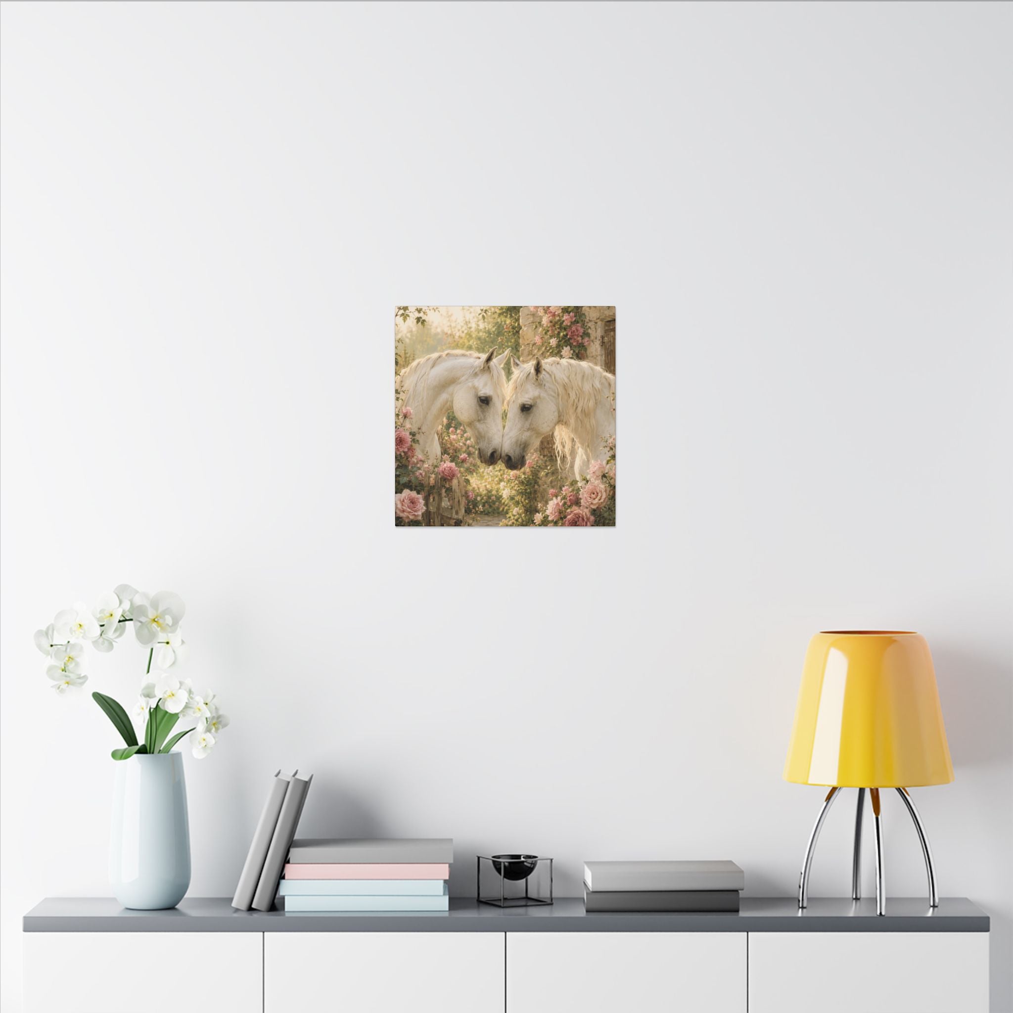 Romantic White Horses Canvas Wall Art — Floral Garden Horse Print