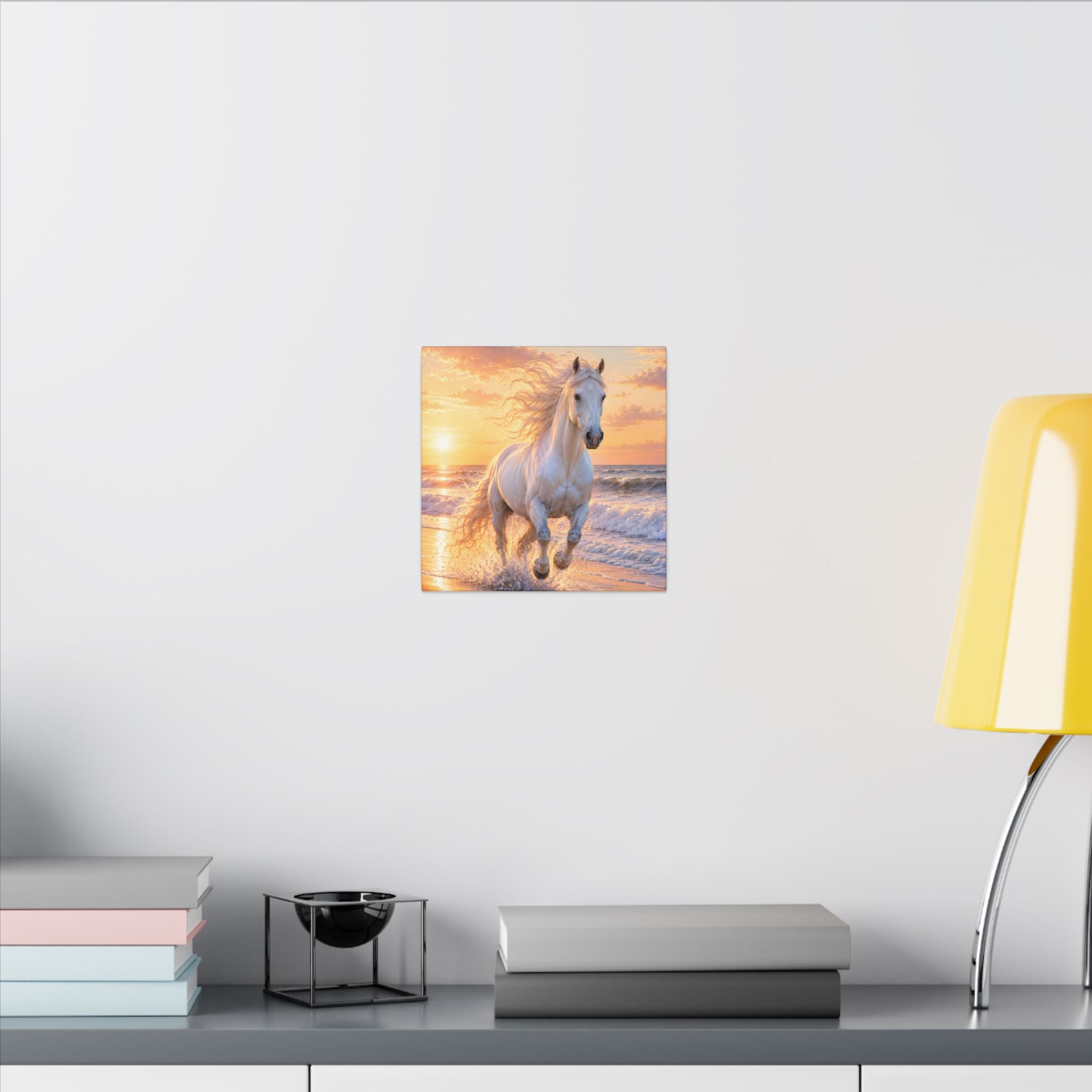White Horse on Beach Canvas Print — Sunset Seaside Wall Art
