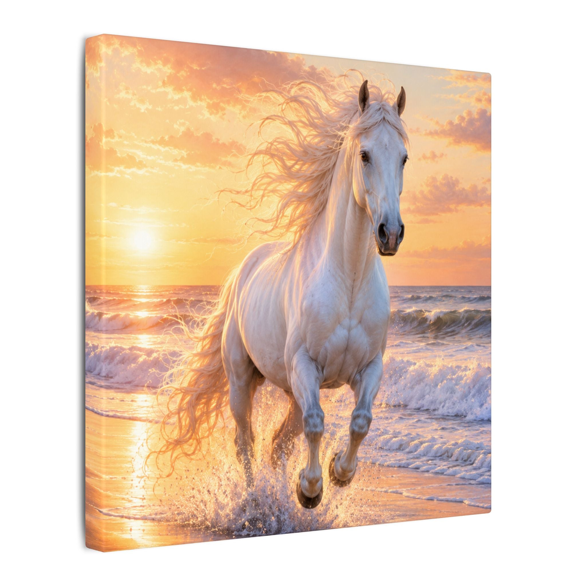 White Horse on Beach Canvas Print — Sunset Seaside Wall Art
