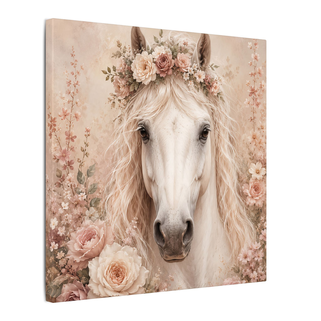 Floral White Horse Matte Canvas Wall Art