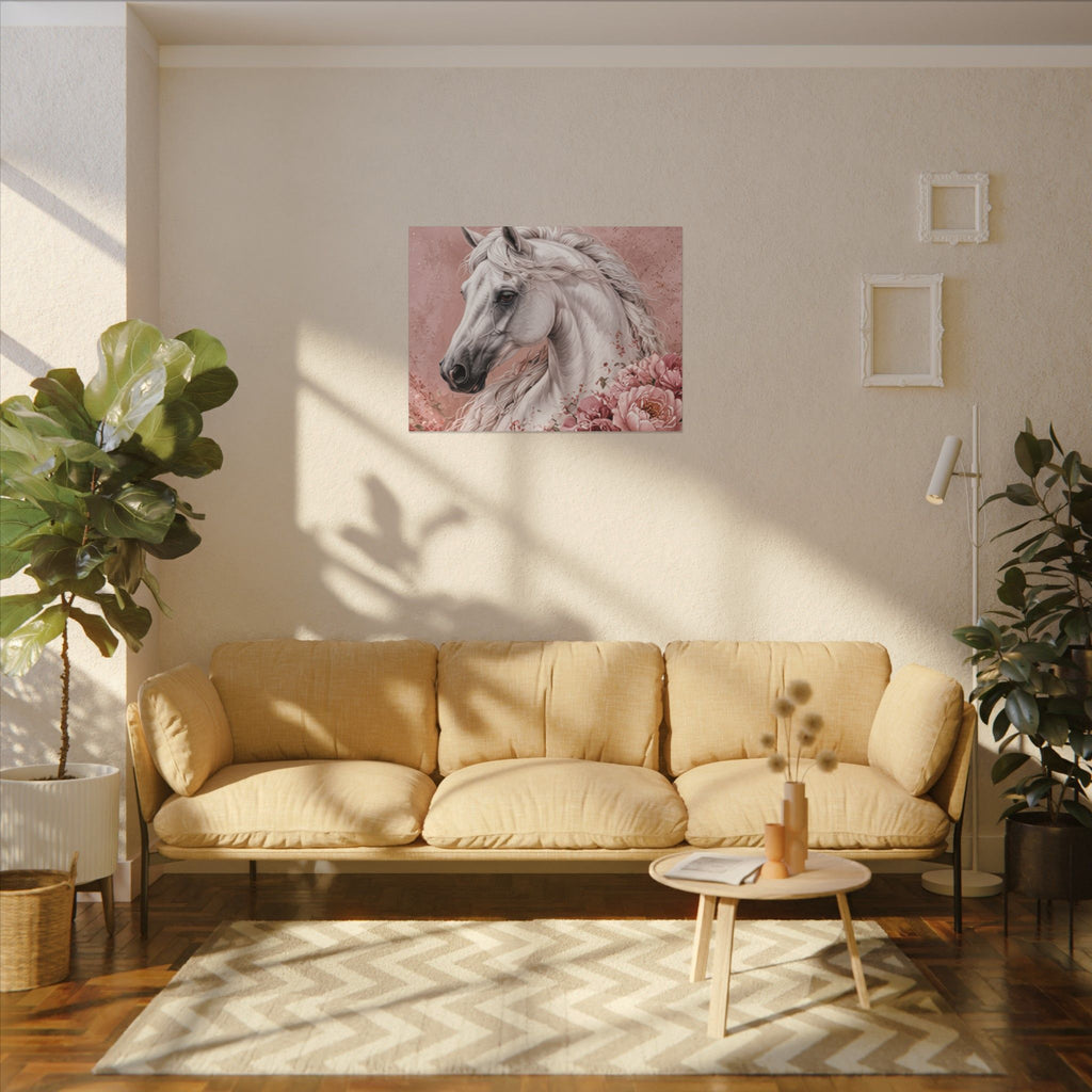 White Horse Floral Canvas Wall Art — Matte Stretched Horse Portrait