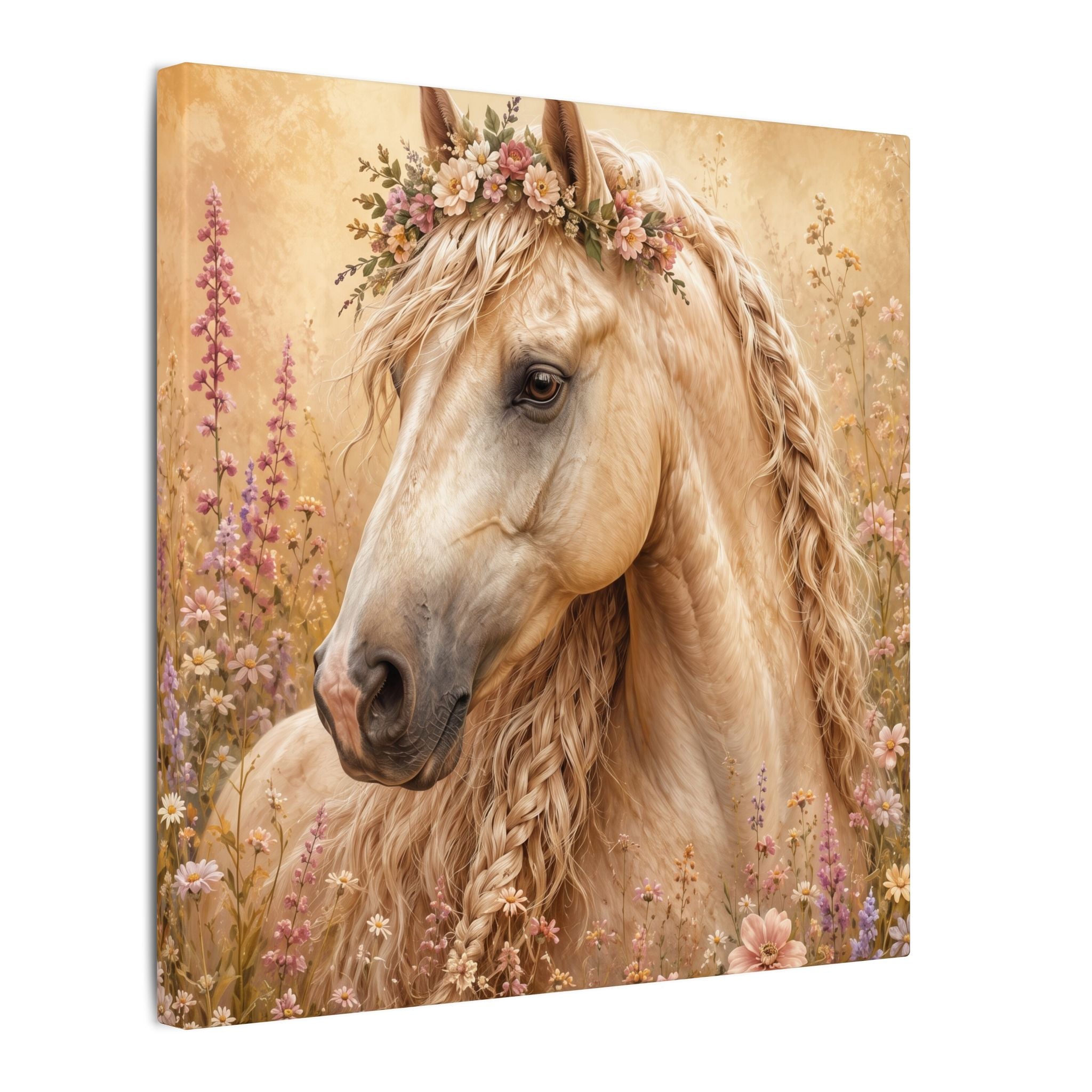Golden Floral Horse Canvas Print — Matte Stretched Wall Art