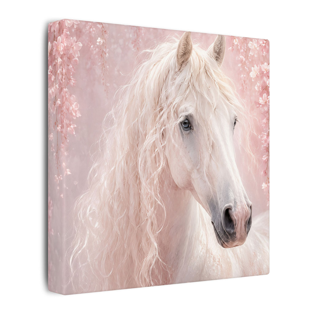 White Horse Canvas Wall Art — Romantic Pink Floral Unicorn-Style Print