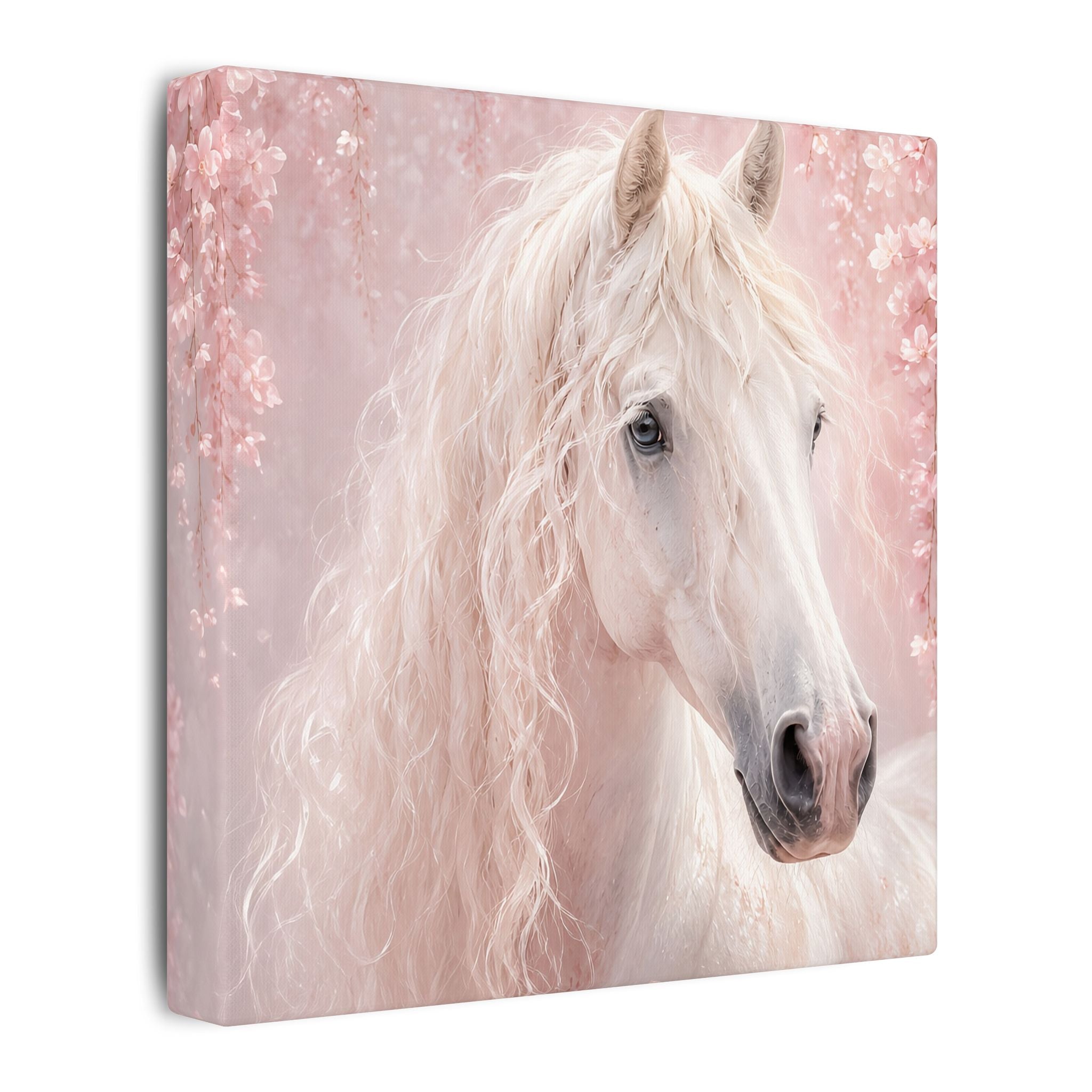 White Horse Canvas Wall Art — Romantic Pink Floral Unicorn-Style Print
