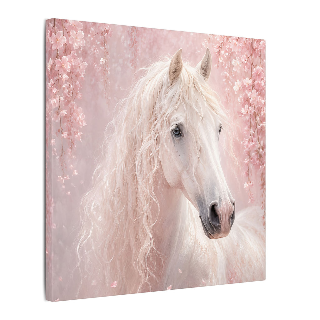 White Horse Canvas Wall Art — Romantic Pink Floral Unicorn-Style Print