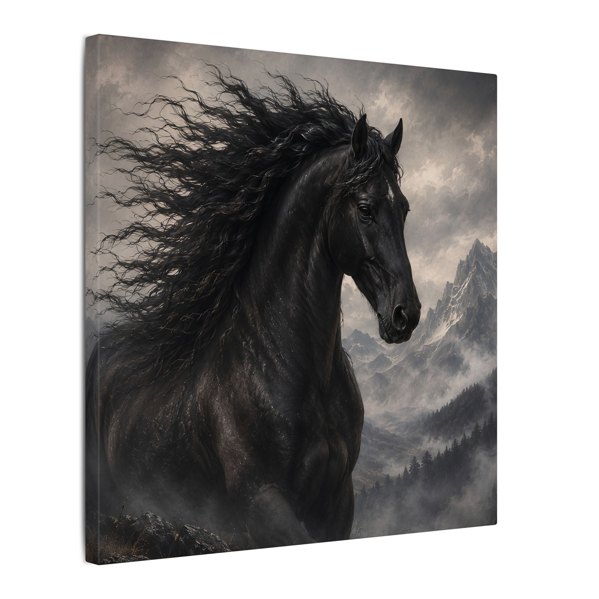 Majestic Black Horse Matte Canvas Wall Art — Dramatic Mountain Stallion Print