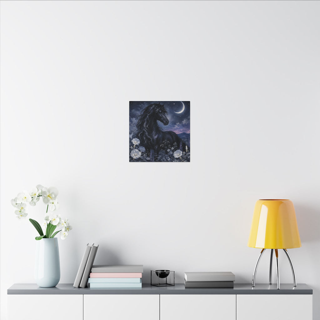 Midnight Stallion Canvas — Black Horse Moonlit Wall Art