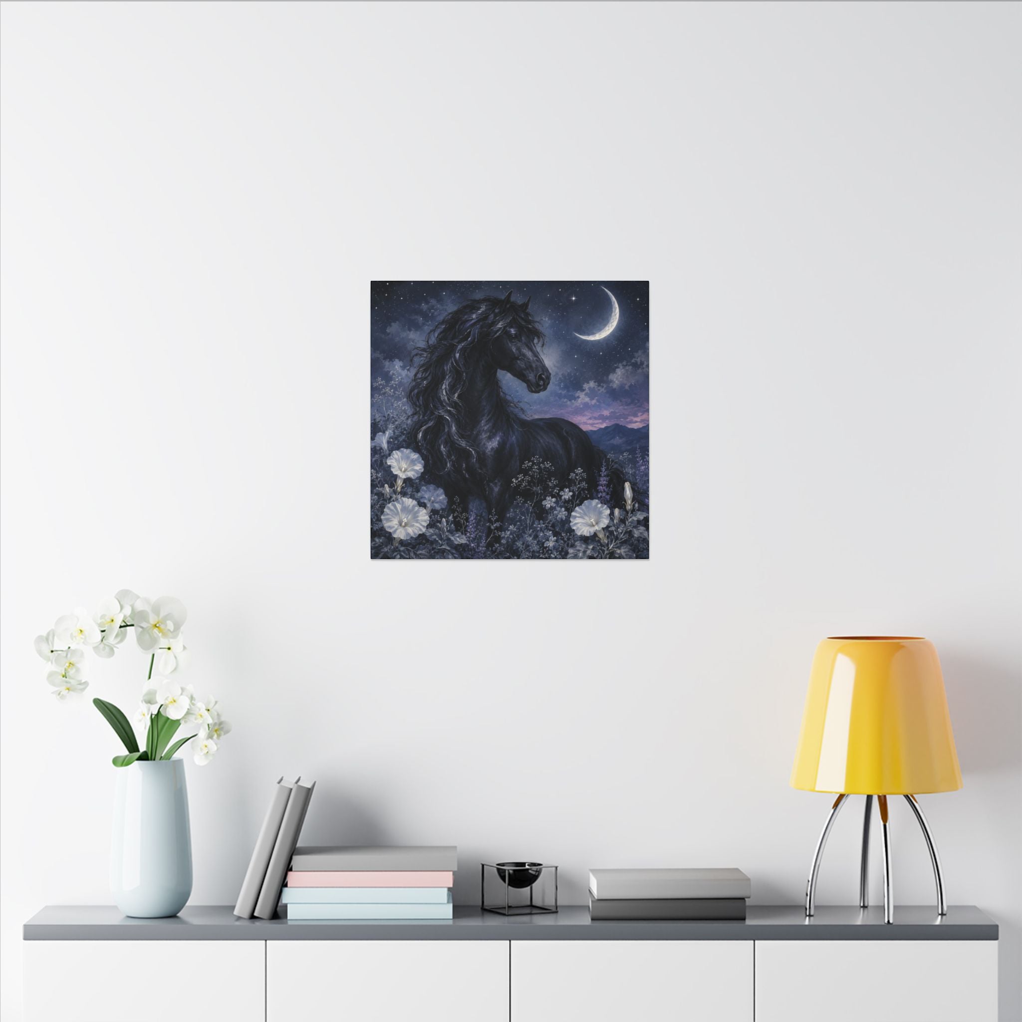 Midnight Stallion Canvas — Black Horse Moonlit Wall Art