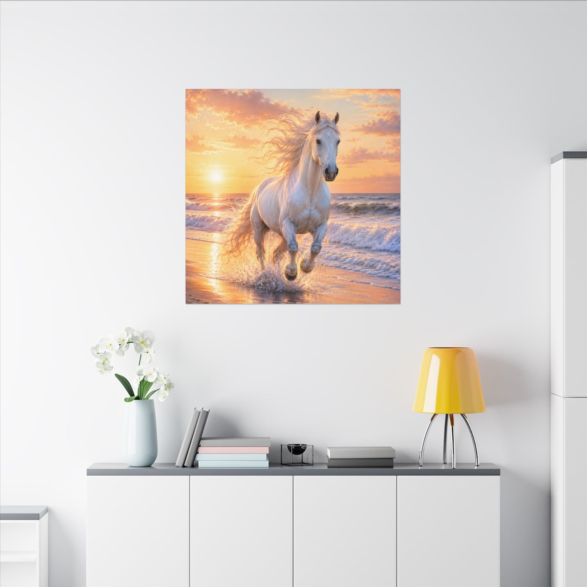 White Horse on Beach Canvas Print — Sunset Seaside Wall Art