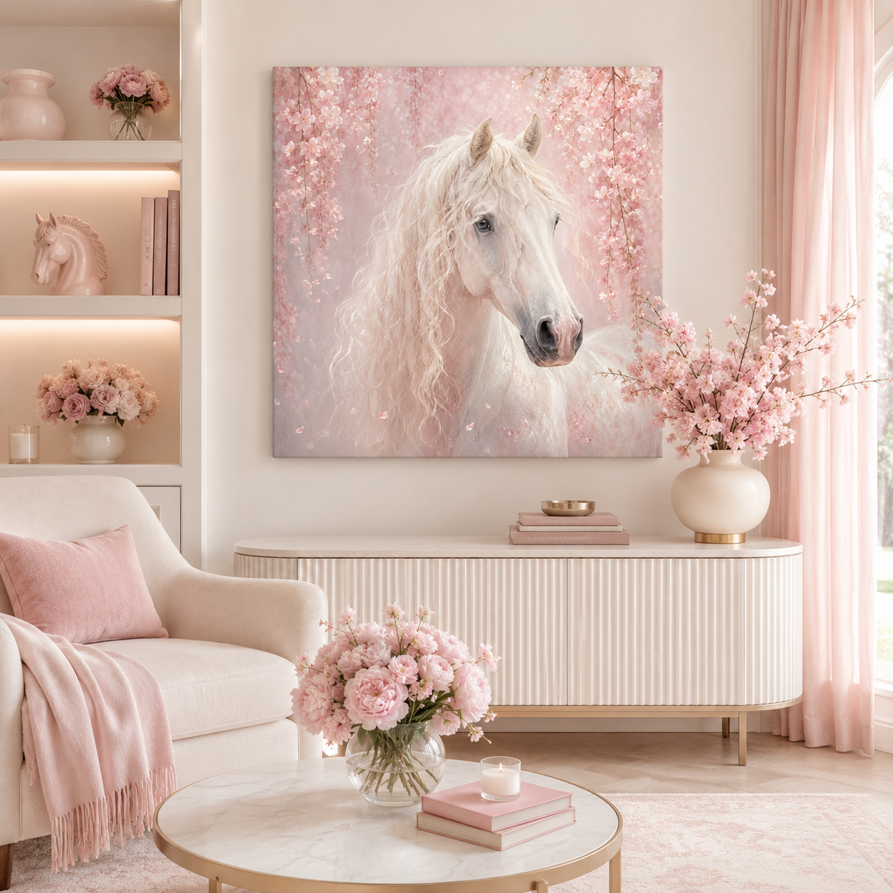 White Horse Canvas Wall Art — Romantic Pink Floral Unicorn-Style Print