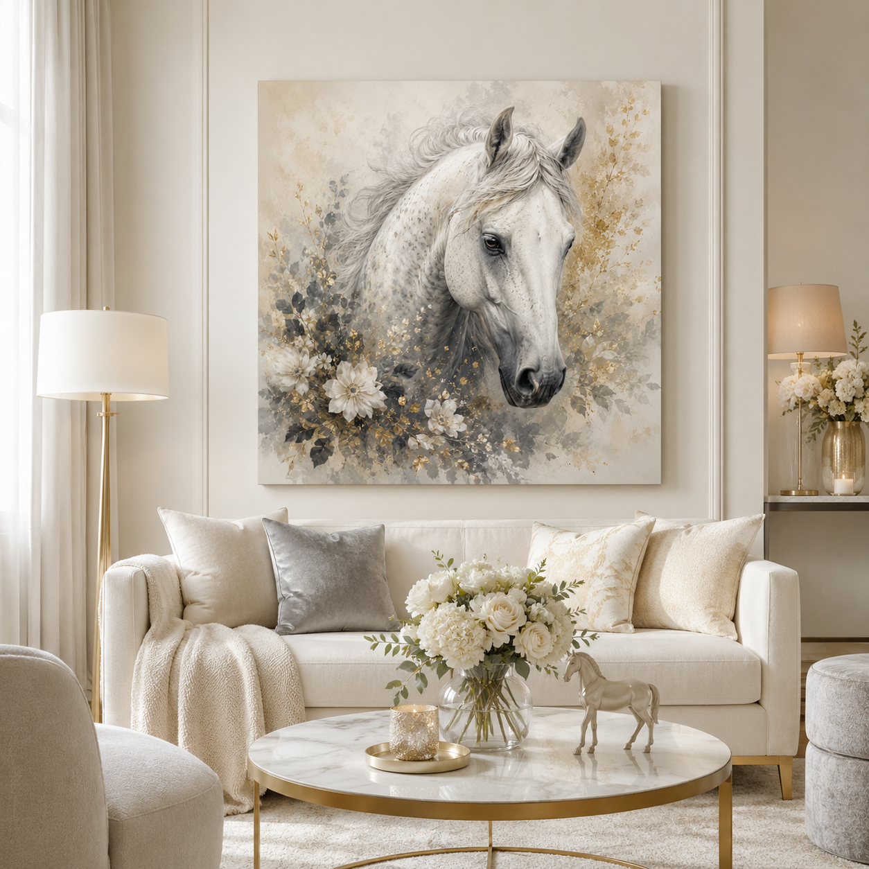 White Horse Floral Canvas Wall Art — Matte Stretched Horse Portrait