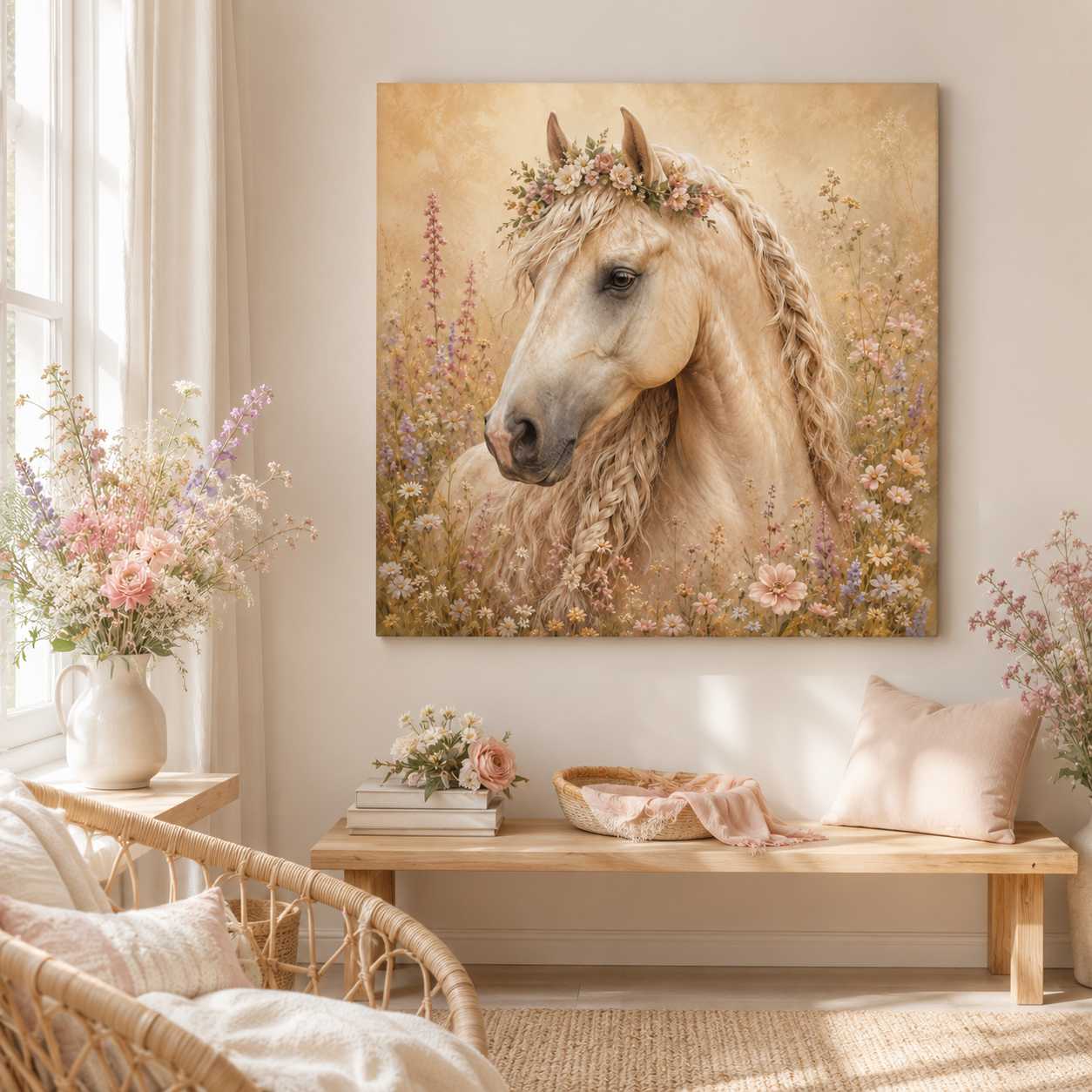 Golden Floral Horse Canvas Print — Matte Stretched Wall Art