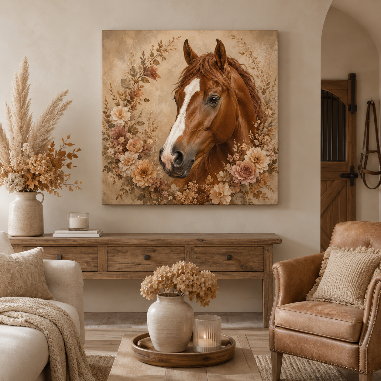 Chestnut Horse Portrait Canvas Wall Art — Floral Rustic Equestrian Decor