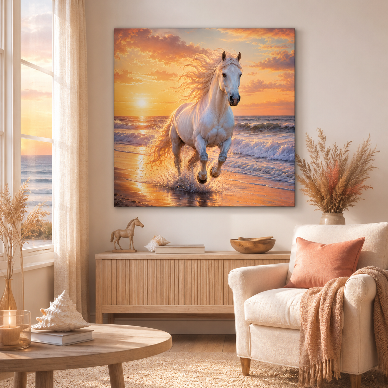 White Horse on Beach Canvas Print — Sunset Seaside Wall Art
