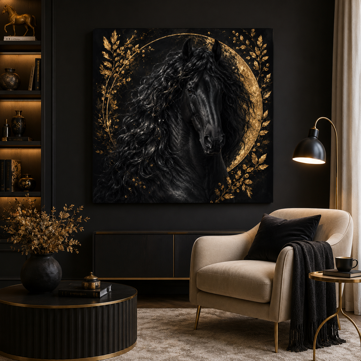 Black Stallion Canvas Print — Elegant Horse Wall Art with Gold Moon