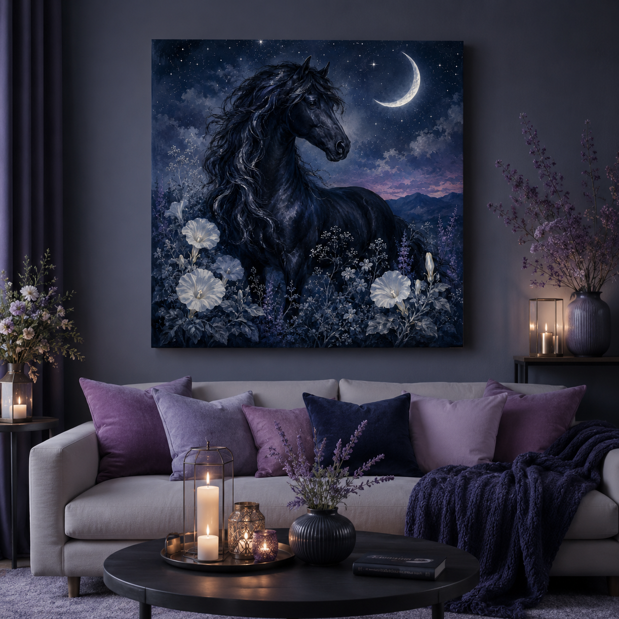 Midnight Stallion Canvas — Black Horse Moonlit Wall Art
