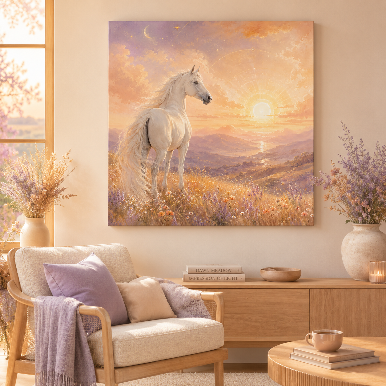 Equine Sunrise Matte Canvas Wall Art — White Horse Fantasy Landscape