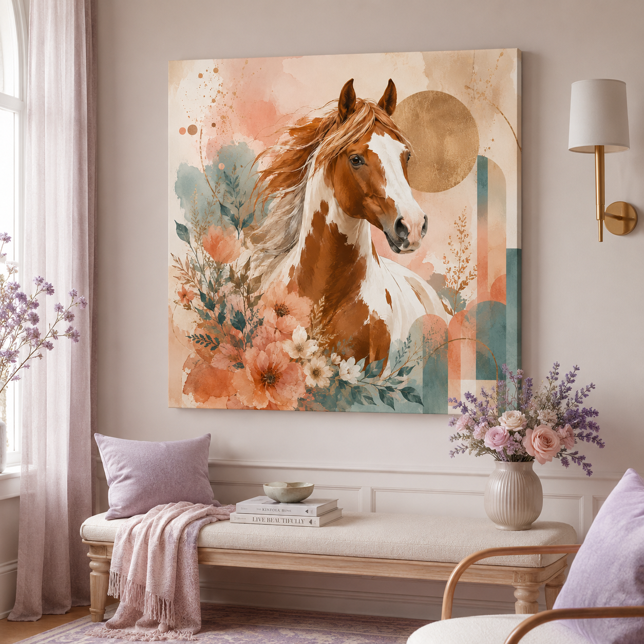 Painted Pinto Horse Canvas Wall Art — Boho Floral Equestrian Decor