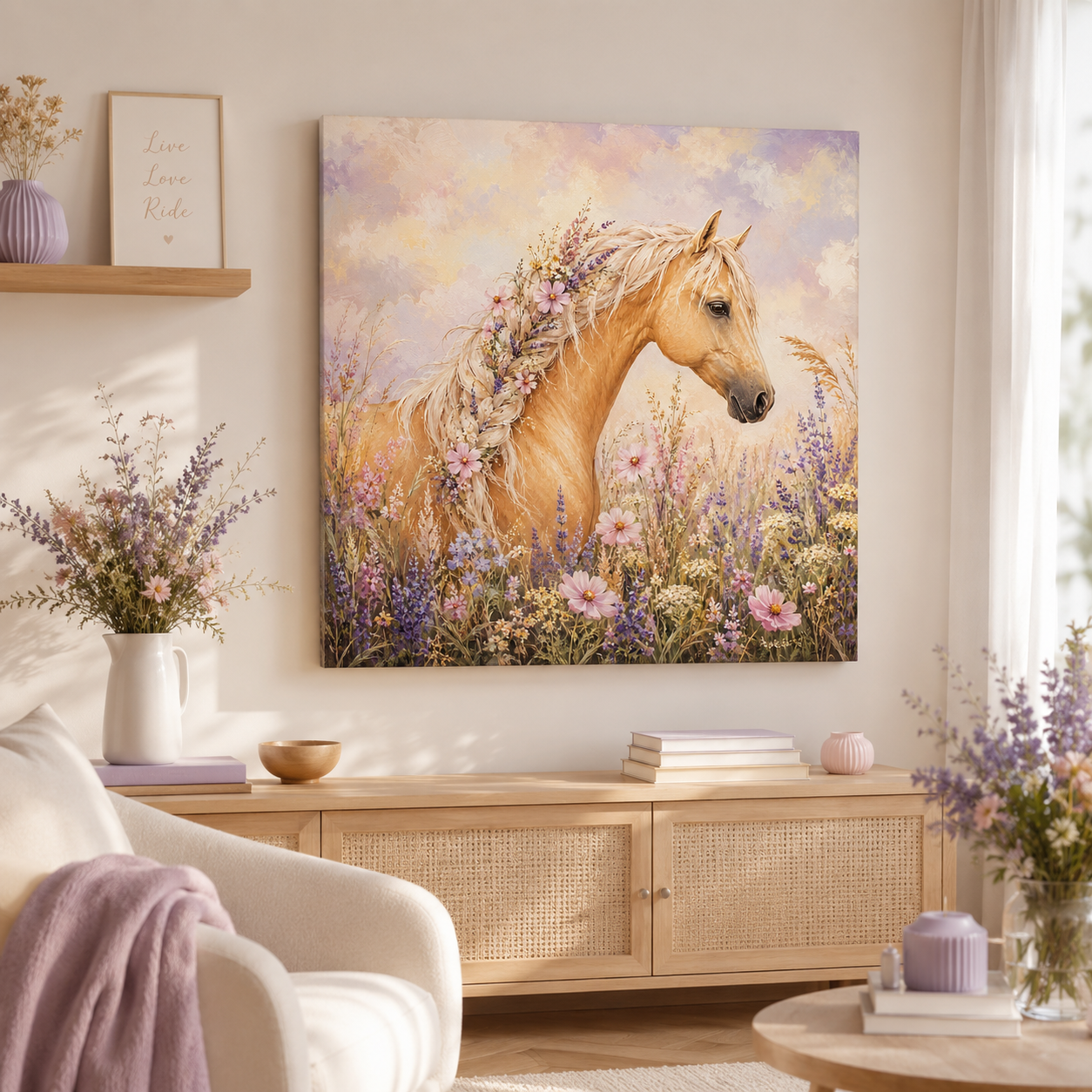 Palomino Horse Canvas Wall Art — Floral Meadow Matte Stretched Canvas