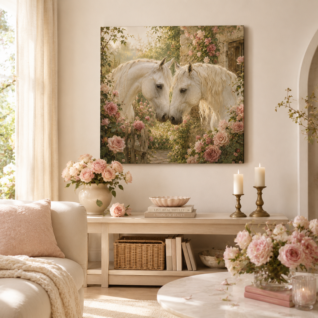 Romantic White Horses Canvas Wall Art — Floral Garden Horse Print