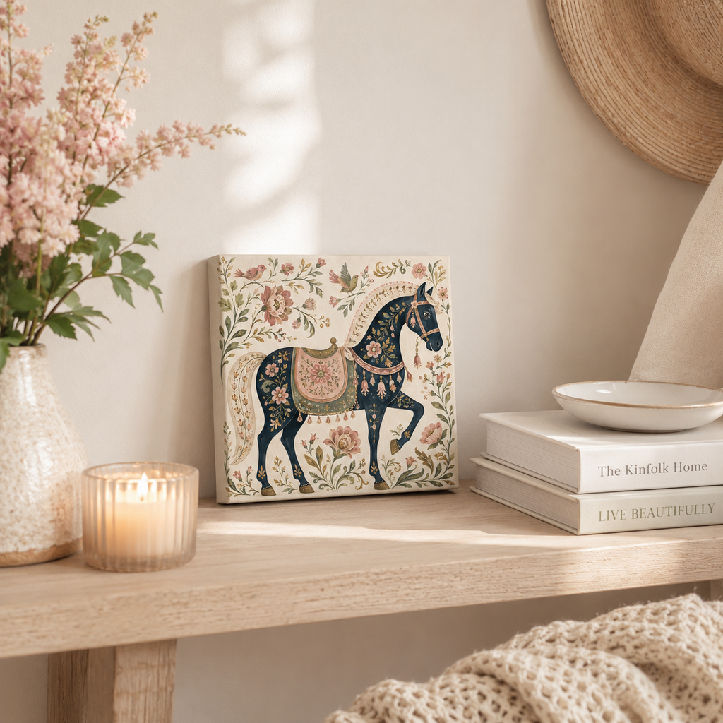 Folk Floral Horse Canvas Wall Art — Vintage Botanical Equestrian Print