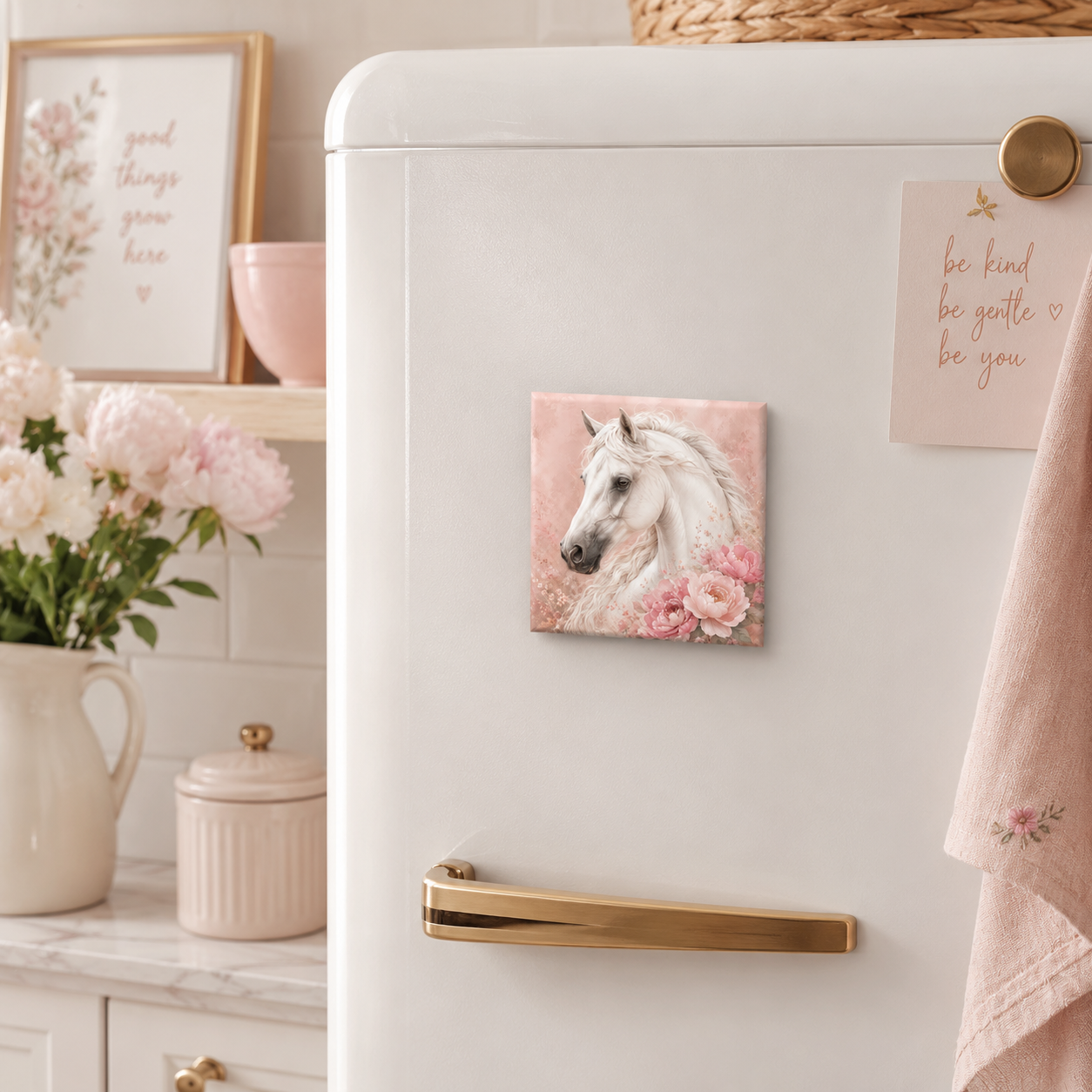 White Horse Floral Porcelain Magnet — Square Decorative Fridge Magnet