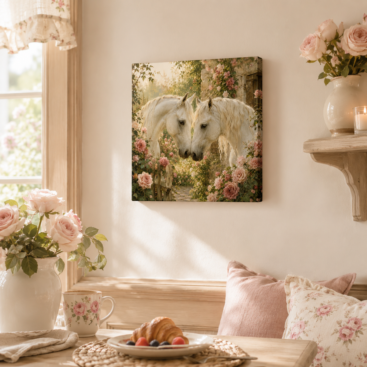 Romantic White Horses Canvas Wall Art — Floral Garden Horse Print