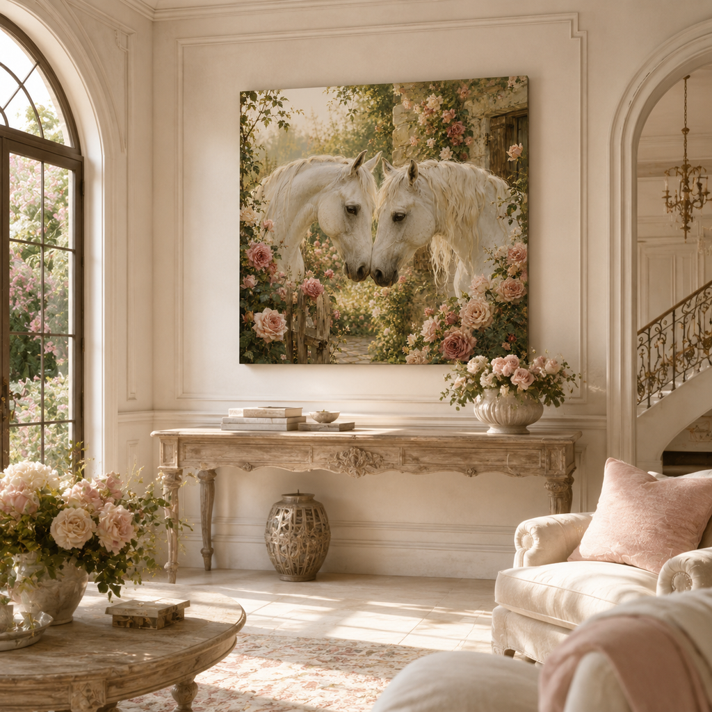 Romantic White Horses Canvas Wall Art — Floral Garden Horse Print