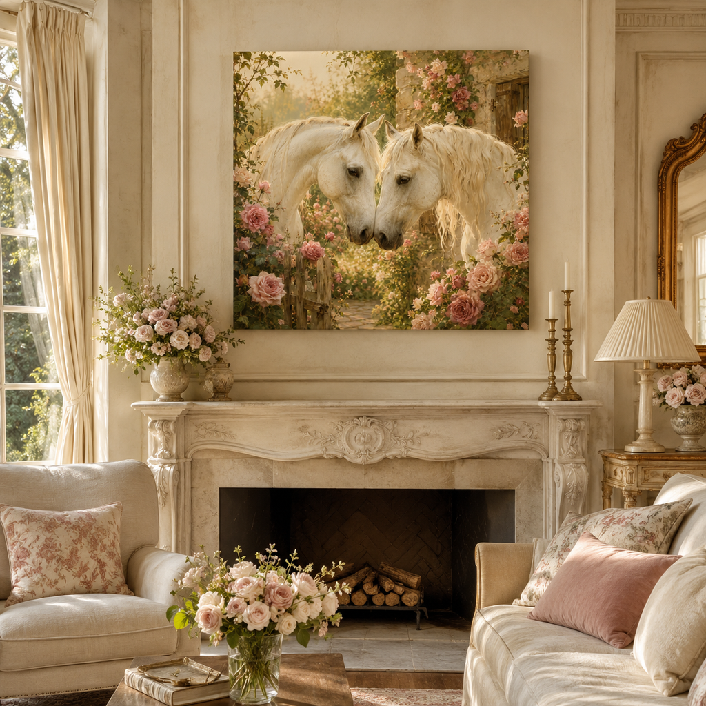 Romantic White Horses Canvas Wall Art — Floral Garden Horse Print
