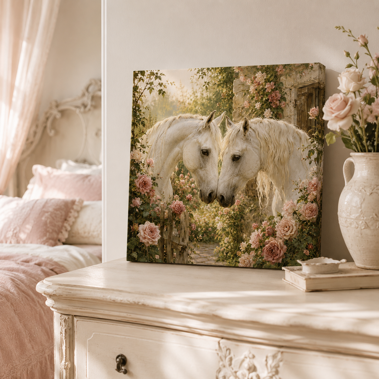 Romantic White Horses Canvas Wall Art — Floral Garden Horse Print