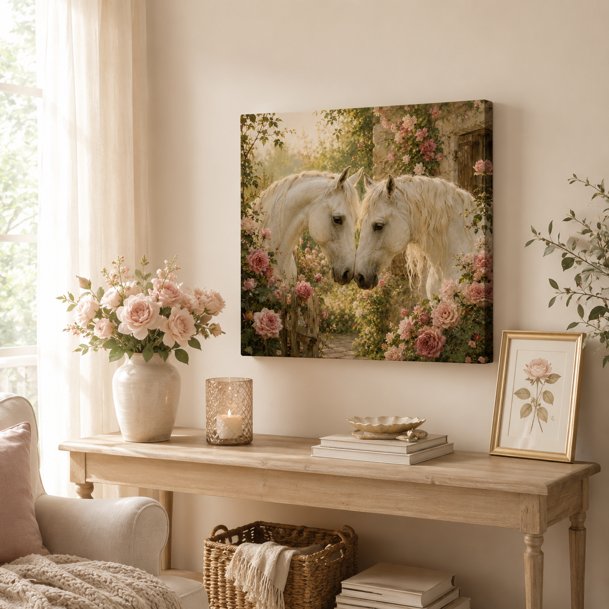 Romantic White Horses Canvas Wall Art — Floral Garden Horse Print