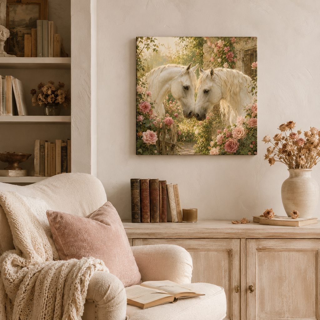 Romantic White Horses Canvas Wall Art — Floral Garden Horse Print