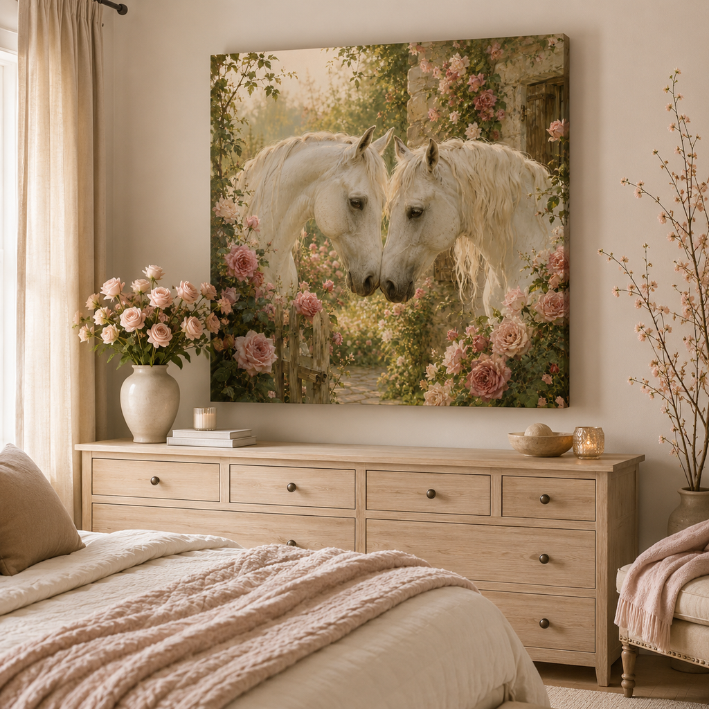 Romantic White Horses Canvas Wall Art — Floral Garden Horse Print
