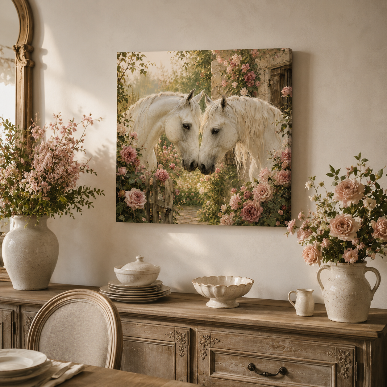 Romantic White Horses Canvas Wall Art — Floral Garden Horse Print