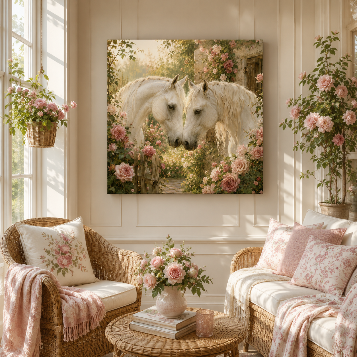 Romantic White Horses Canvas Wall Art — Floral Garden Horse Print