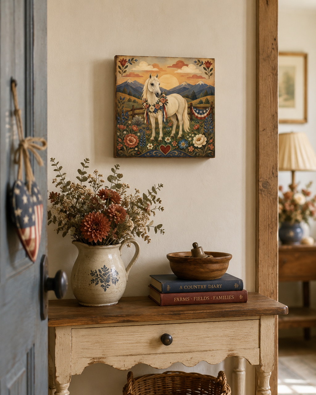 Patriotic White Horse Matte Canvas Wall Art