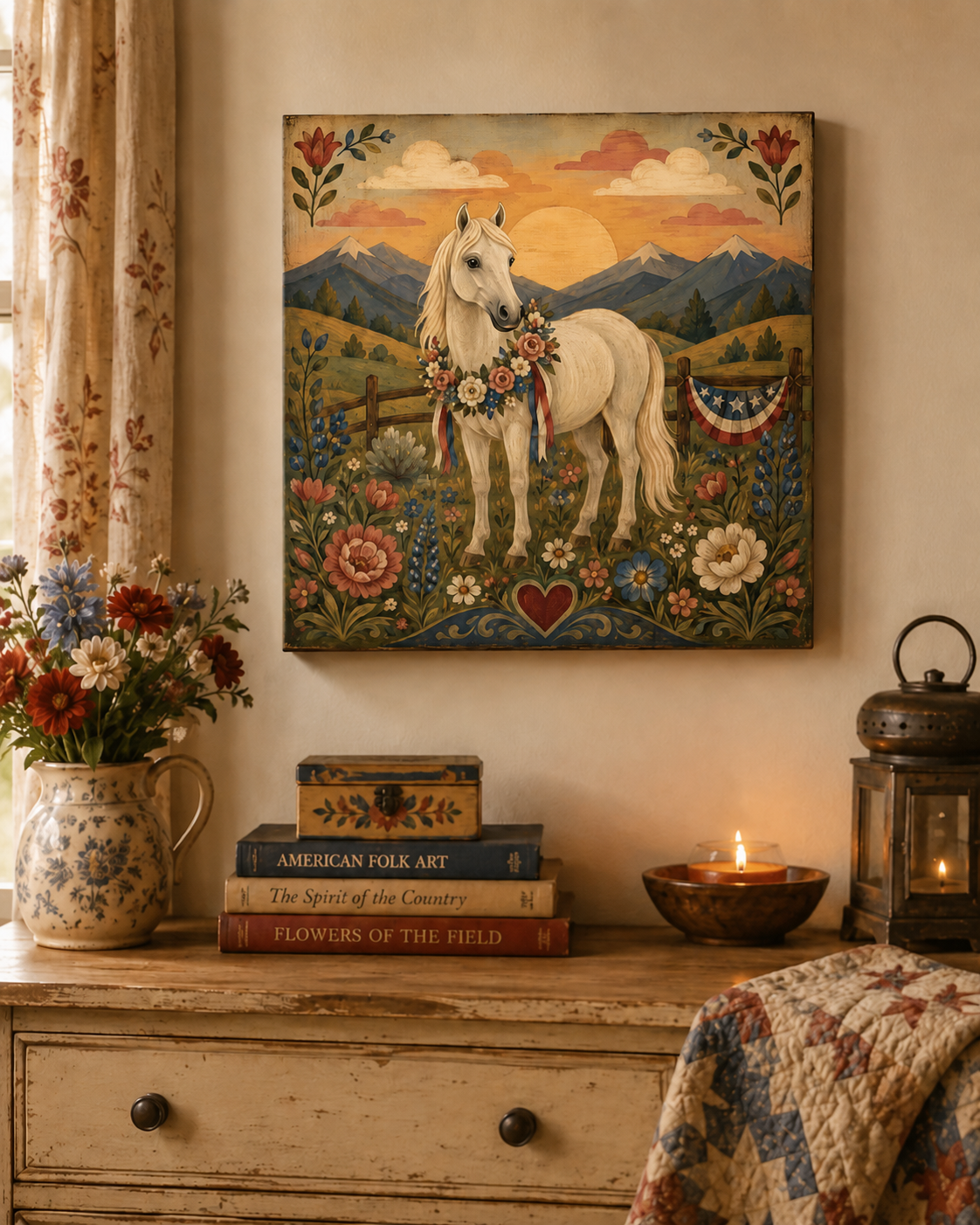 Patriotic White Horse Matte Canvas Wall Art