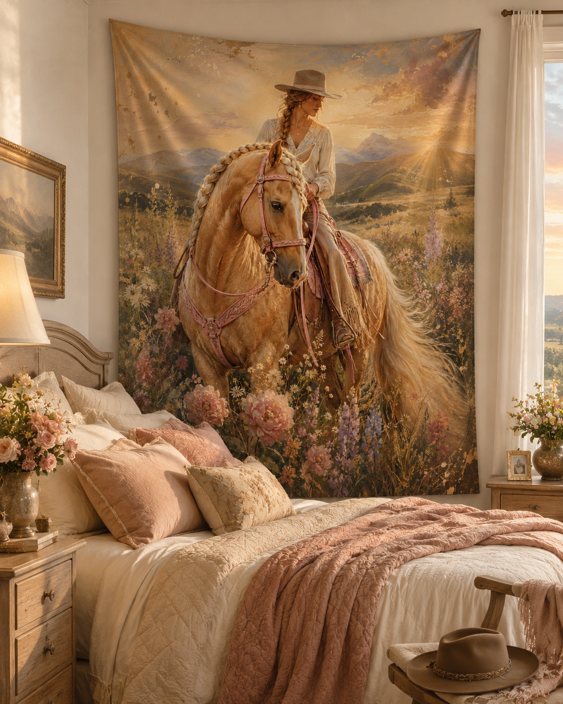 Western Horse Tapestry — Cowgirl Riding at Sunset Wall Decor