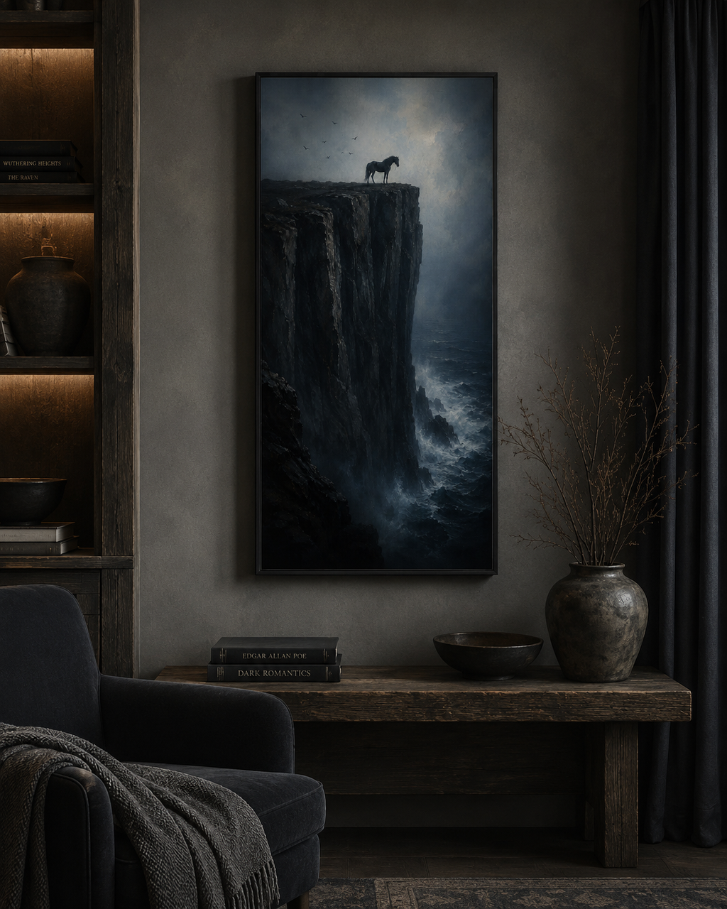 Storm Cliff Horse Matte Canvas Wall Art — Dramatic Dark Seascape Print, Stretched 1.25"