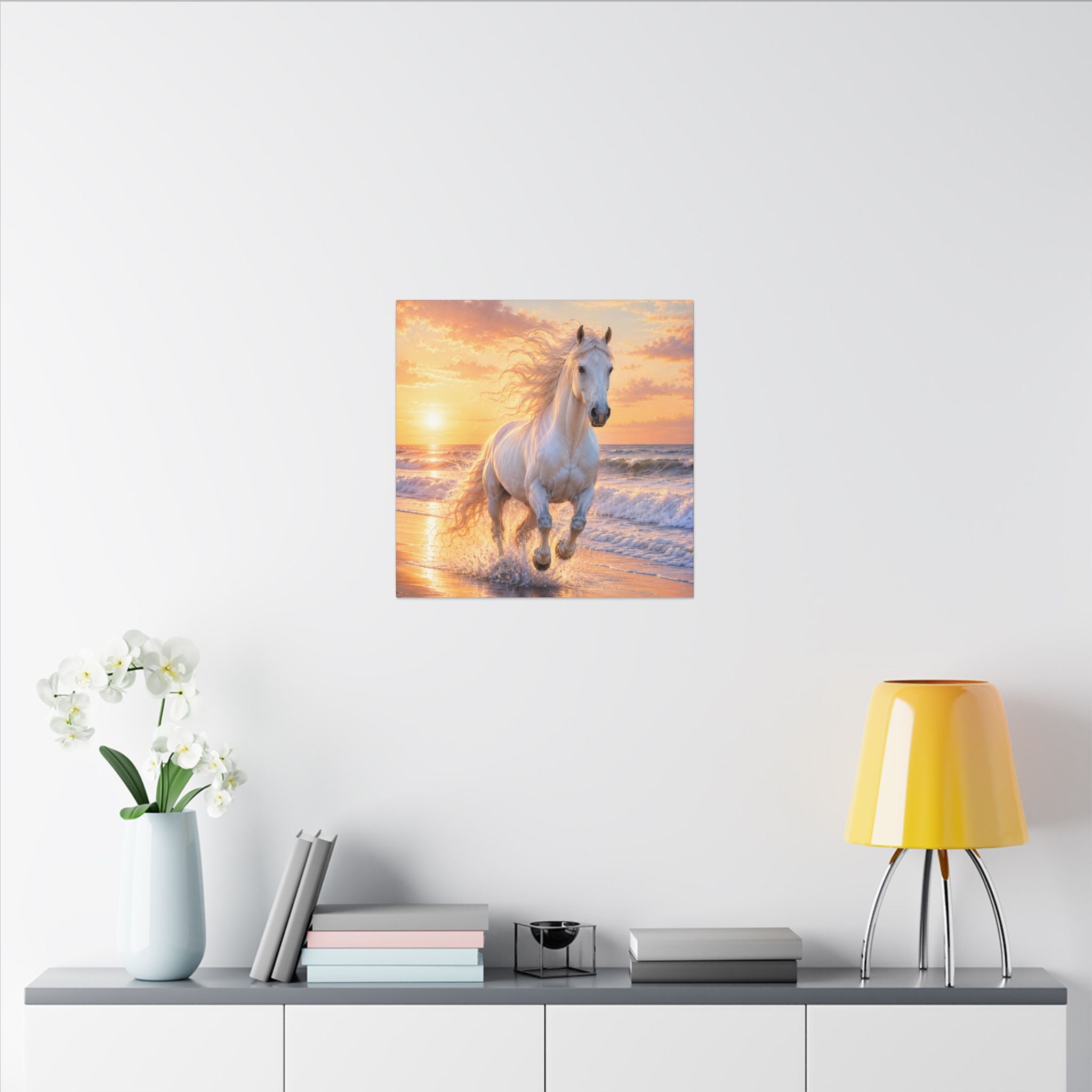 White Horse on Beach Canvas Print — Sunset Seaside Wall Art