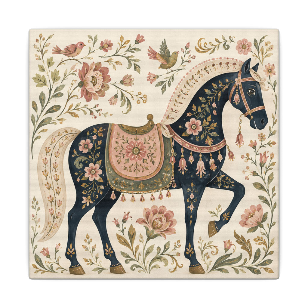 Folk Floral Horse Canvas Wall Art — Vintage Botanical Equestrian Print