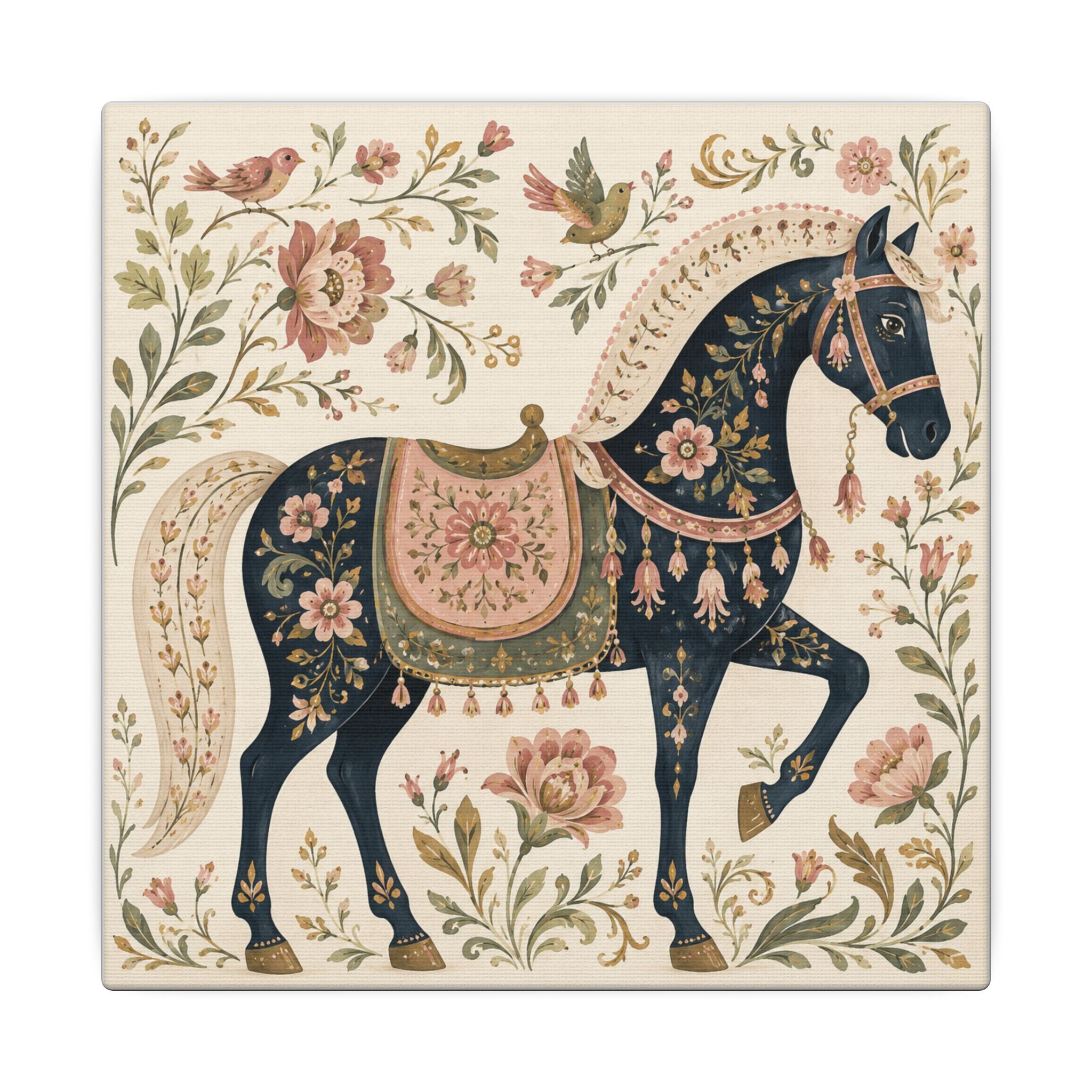 Folk Floral Horse Canvas Wall Art — Vintage Botanical Equestrian Print